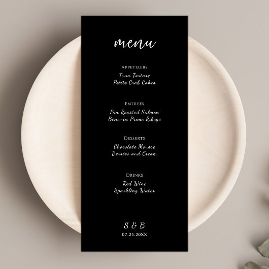 Elegante minimalistische zwarte bruiloft menu