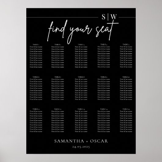 Elegante minimalistische zwarte bruiloft zitkaart poster (Voorkant)