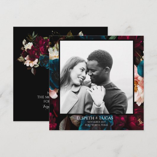 Elegante Minimalistische Zwarte en Bloemige Bruilo Save The Date (Voorkant / Achterkant)