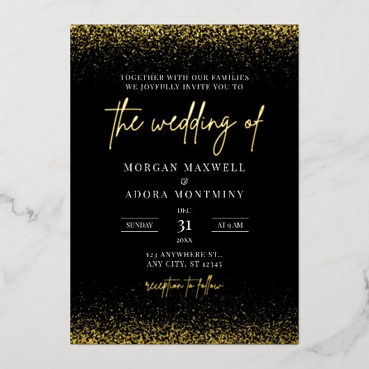Elegante Minimalistische Zwarte en Gouden Bruiloft Folie Uitnodiging (Voorkant)