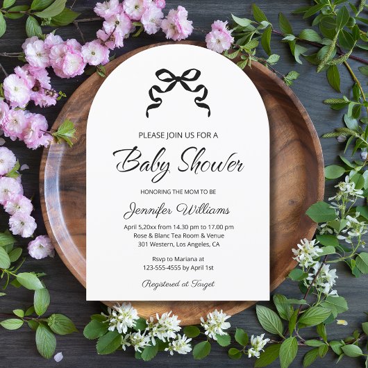 Elegante minimalistische zwarte lint baby shower b kaart