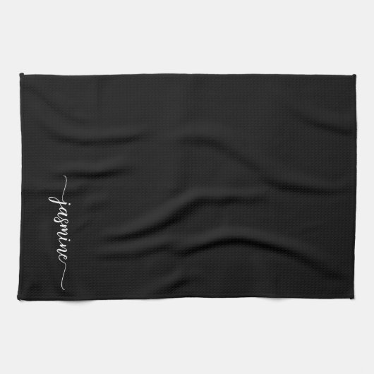 Elegante Minimalistische Zwarte Monogram Naam Schr Theedoek (Horizontaal)