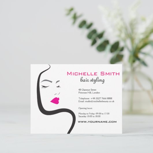 Elegante Minimalistische Zwarte Roze Haar Schoonhe Briefkaart (Staand voorkant)