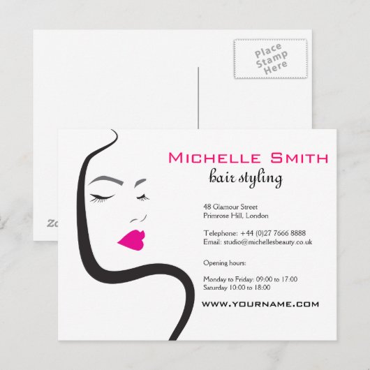 Elegante Minimalistische Zwarte Roze Haar Schoonhe Briefkaart (Voorkant / Achterkant)