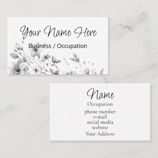 Elegante minimalistische zwarte witte bloem visitekaartje (Voorkant / Achterkant)