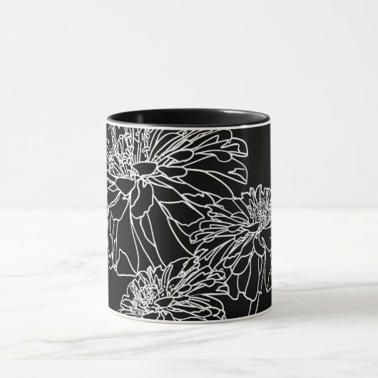 Elegante minimalistische zwarte witte bloemlijntek mok (Midden)