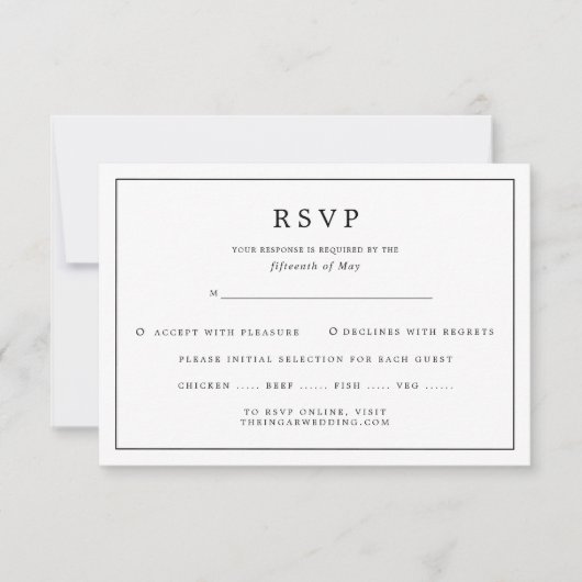 Elegante minimalistische zwarte witte maaltijd keu RSVP kaartje (Voorkant)
