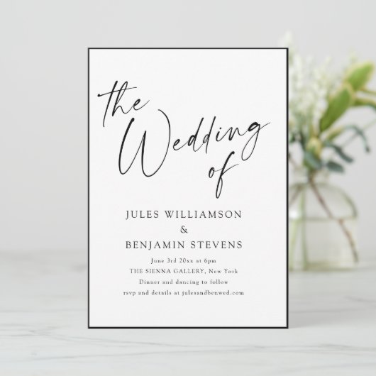 Elegante Minimalistische Zwarte Witte Script Trouw Kaart (Staand voorkant)