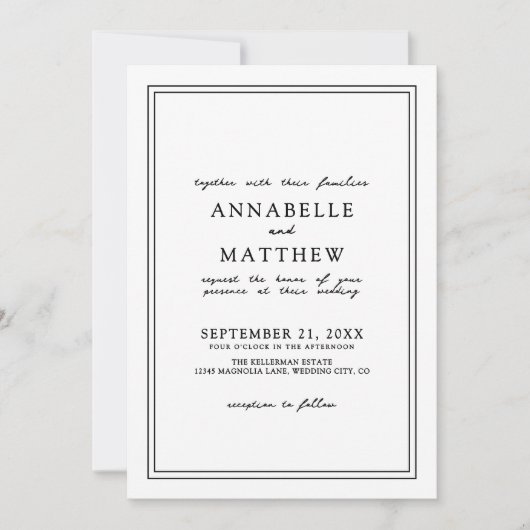 Elegante Minimalistische Zwarte Witte Trouwdag met Kaart (Voorkant)