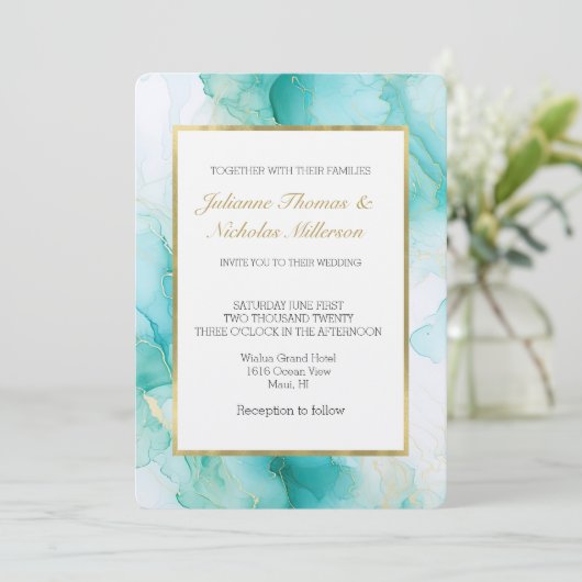 Elegante Mint Aqua Pearl Gold Marble Wedding Kaart (Staand voorkant)