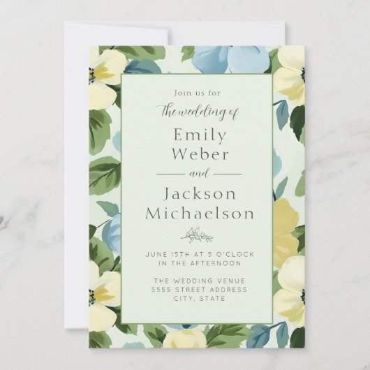 Elegante Mint Blauw Geel Bloemen Huwelijk Kaart (Voorkant)