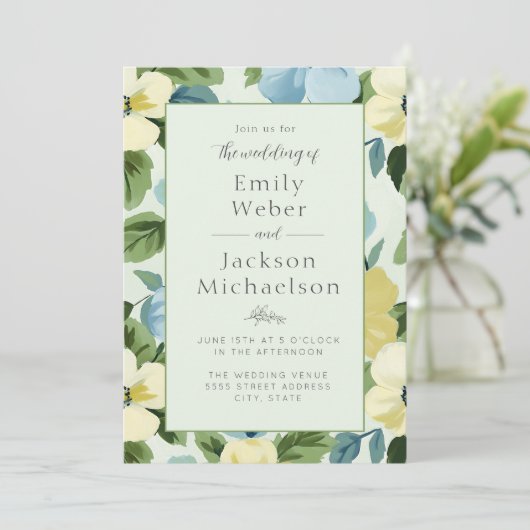 Elegante Mint Blauw Geel Bloemen Huwelijk Kaart (Staand voorkant)