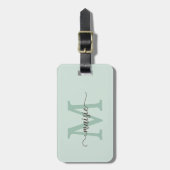 Elegante Mint Cacao Monogram Initiaal Script Naam Bagagelabel (Voorkant verticaal)