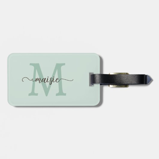 Elegante Mint Cacao Monogram Initiaal Script Naam Bagagelabel (Achterkant horizontaal)