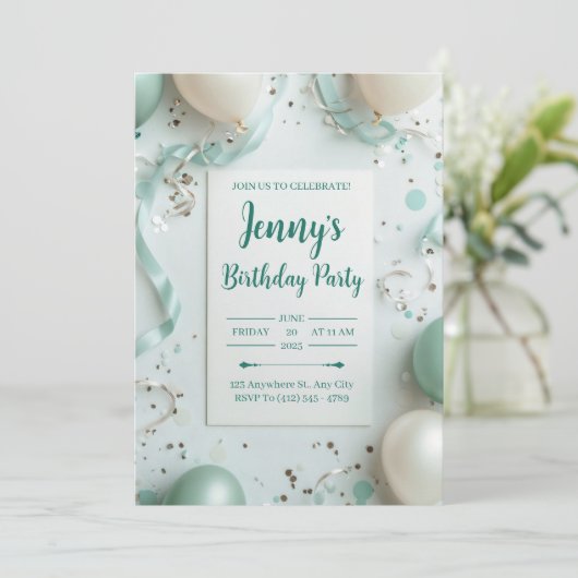Elegante Mint & Cream verjaardagsuitnodiging Kaart (Staand voorkant)