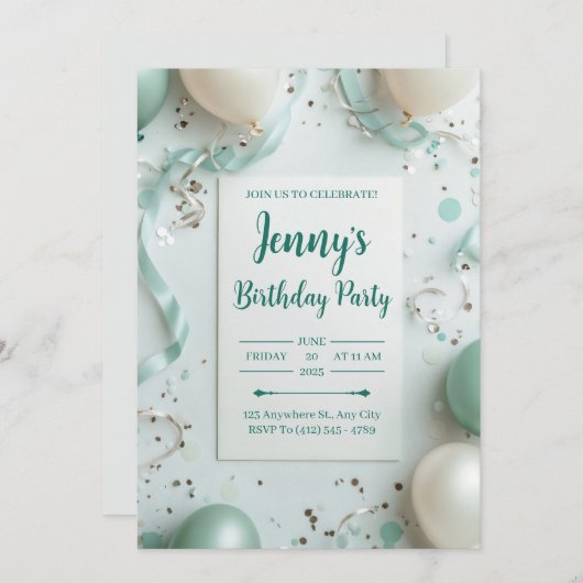 Elegante Mint & Cream verjaardagsuitnodiging Kaart (Voorkant / Achterkant)