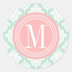 Elegante Mint Damask gepersonaliseerd Ronde Sticker