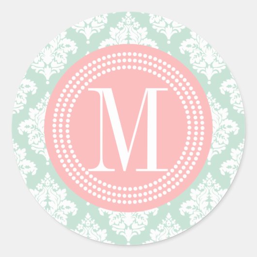 Elegante Mint Damask gepersonaliseerd Ronde Sticker (Voorkant)
