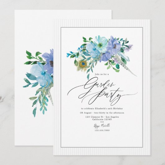 Elegante Mint en Blauwe Boho Bloemetuinfeest Kaart (Voorkant / Achterkant)