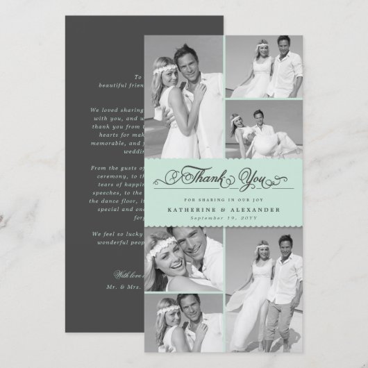 Elegante Mint Geschulpte Band 6 Foto Chique Trouwf Bedankkaart (Voorkant / Achterkant)