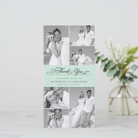 Elegante Mint Geschulpte Band 6 Foto Chique Trouwf Bedankkaart (Staand voorkant)