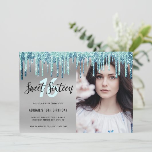 Elegante mint glittersprenkels zoete zestien uitno kaart (Staand voorkant)