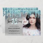 Elegante mint glittersprenkels zoete zestien uitno kaart (Voorkant / Achterkant)