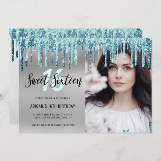 Elegante mint glittersprenkels zoete zestien uitno kaart (Voorkant / Achterkant)