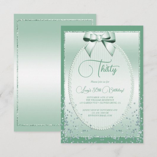 Elegante Mint Green Jeweled Bow & Confetti Verjaar Kaart (Voorkant / Achterkant)