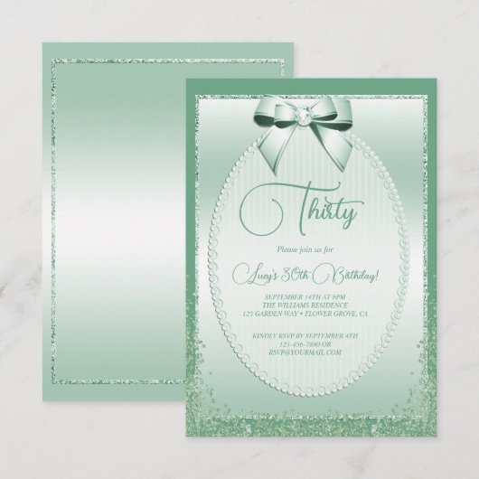 Elegante Mint Green Jeweled Bow & Glitter Verjaard Kaart (Voorkant / Achterkant)