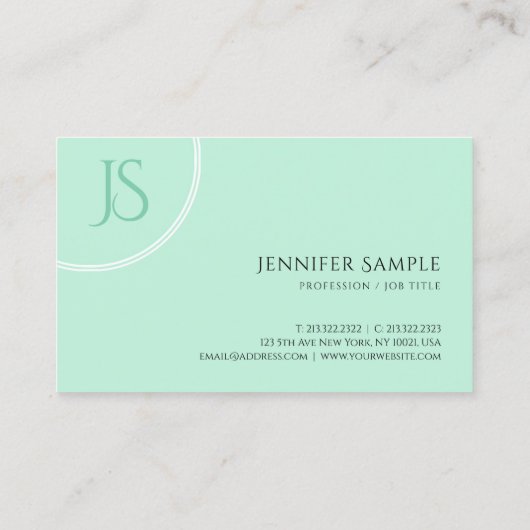 Elegante Mint Green Modern Monogram Eenvoudige Sja Visitekaartje (Achterkant)