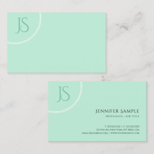 Elegante Mint Green Modern Monogram Eenvoudige Sja Visitekaartje (Voorkant / Achterkant)