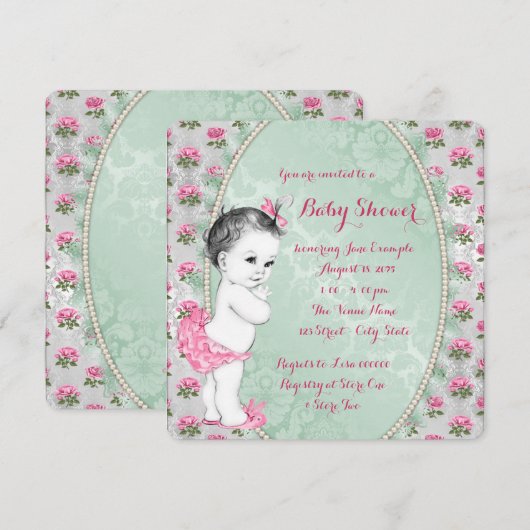 Elegante Mint Groen en Roze Rose Baby Meisje Douch Kaart (Voorkant / Achterkant)