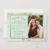 Elegante Mint Groen & Goud Kalender Foto Huwelijk Save The Date (Voorkant)