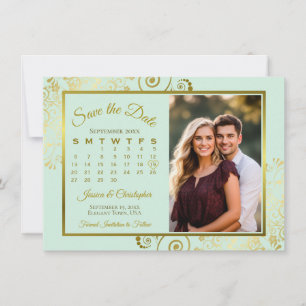 Elegante Mint Groen & Goud Kalender Foto Huwelijk Save The Date