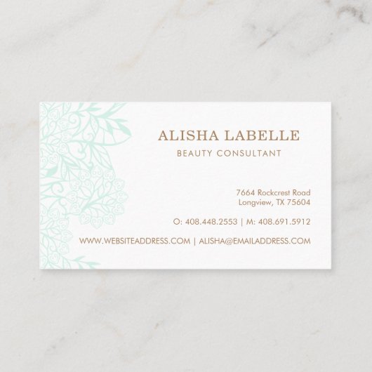 Elegante Mint Groen & Wit Bloemen Bladerblad Kant Visitekaartje (Achterkant)
