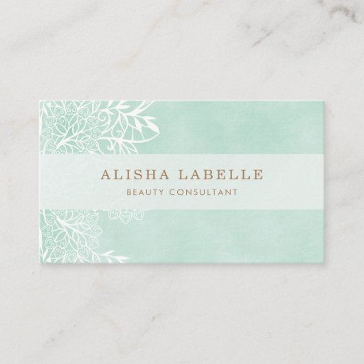Elegante Mint Groen & Wit Bloemen Bladerblad Kant Visitekaartje (Voorkant)