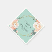 Elegante Mint Groene Bloemen Perzik Gouden Bruilof Servet (Hoek)