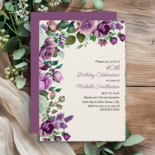 Elegante Mint Groene Paarse Bloemen 40e Verjaardag Kaart