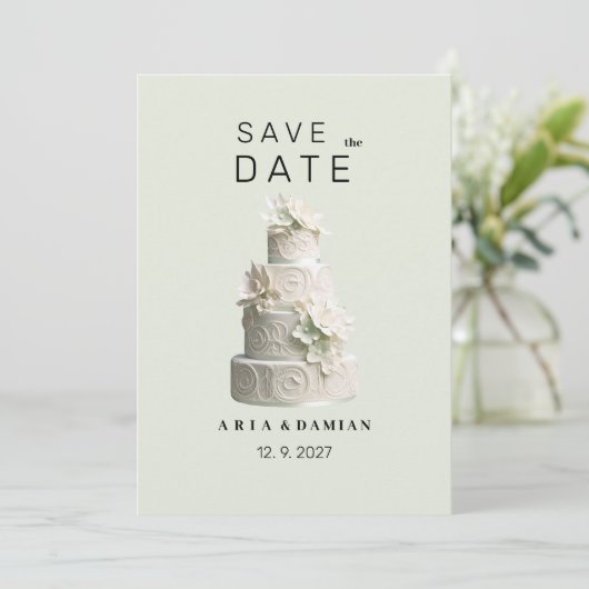 Elegante mint groene witte bloemencake Save the Da Kaart (Staand voorkant)