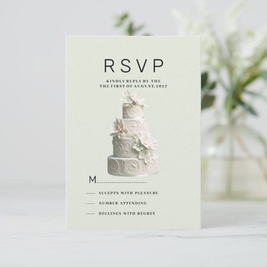 Elegante mint groene witte bloemkoek RSVP Kaart (Staand voorkant)