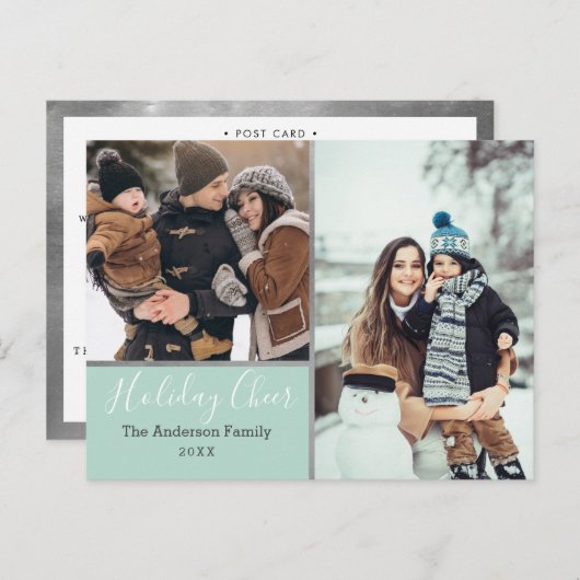 Elegante Mint Holiday Cheer Photo Collage Zilver Briefkaart (Voorkant / Achterkant)