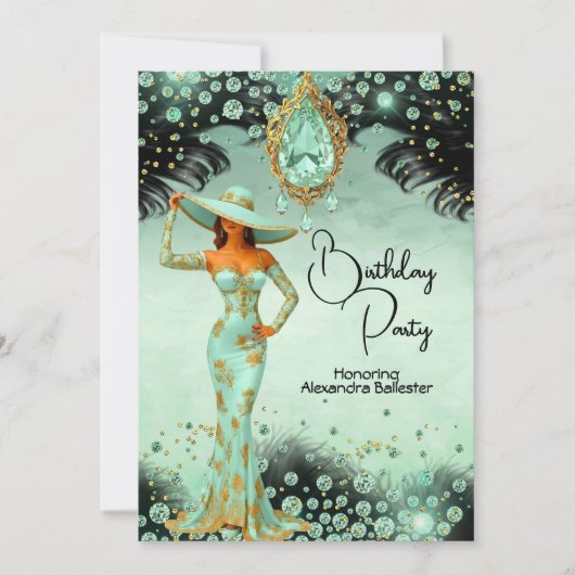 Elegante Mint Juwelen Jurk Gouden Verjaardag Party Kaart (Voorkant)