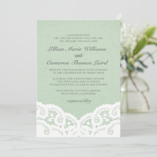 Elegante Mint Kant Bruiloft Uitnodiging (Staand voorkant)