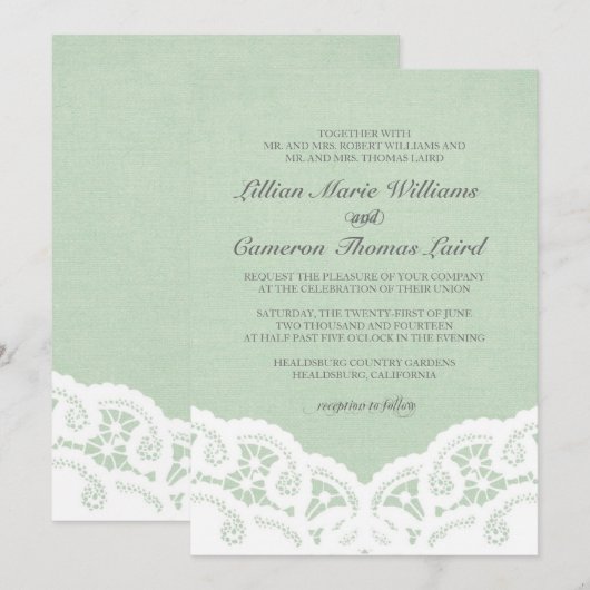 Elegante Mint Kant Bruiloft Uitnodiging (Voorkant / Achterkant)