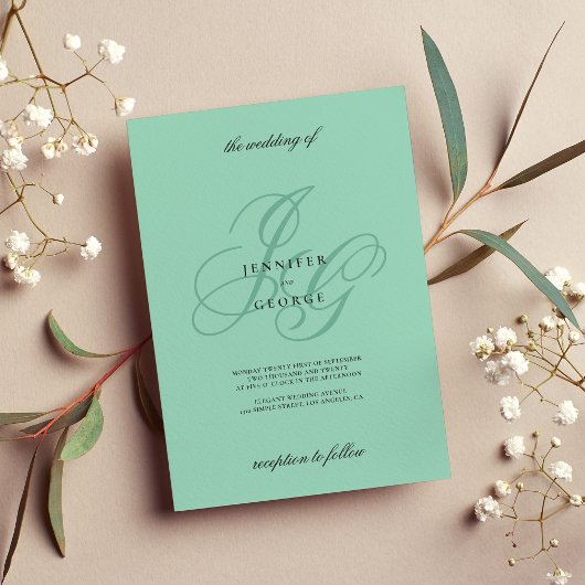 Elegante mint monogram initialen romantische trouw kaart