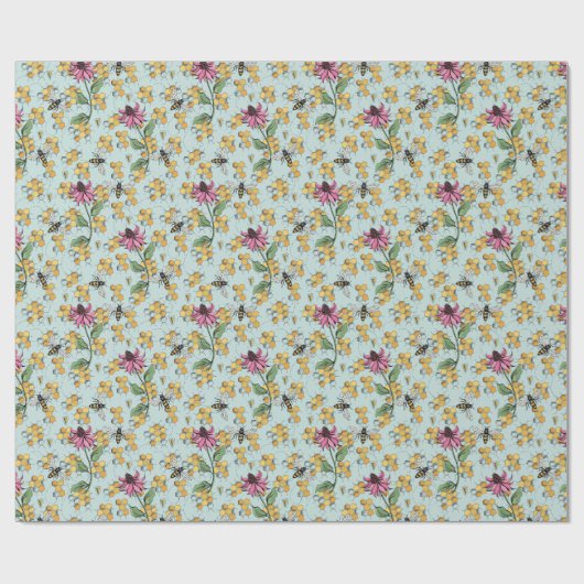 Elegante Mint Queen Bee, Honingraat & Bloemen Cadeaupapier (Vlak)