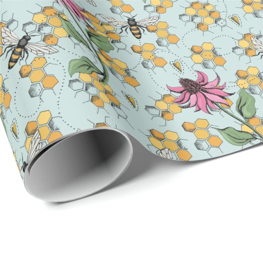 Elegante Mint Queen Bee, Honingraat & Bloemen Cadeaupapier (Rol Hoek)