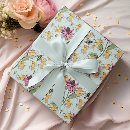Elegante Mint Queen Bee, Honingraat & Bloemen Cadeaupapier