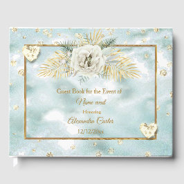 Elegante Mint Teal Blauwe Gouden marmeren Roos Blo Gastenboek